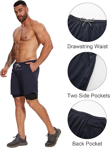 4 Pack Mens 2-in-1 Running Shorts w/ Liner Quick Dry Gym Athletic Pockets