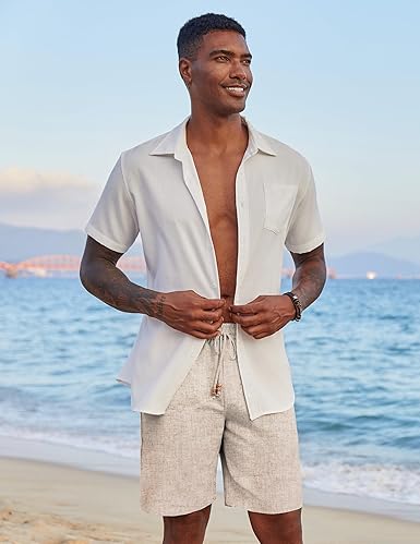 COOFANDY Mens Summer Beach Shorts Linen Casual Drawstring Loose Fit Pocket