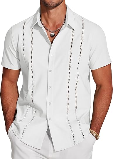 COOFANDY Mens Linen Cuban Shirt Guayabera Button Down Summer Beach Casual