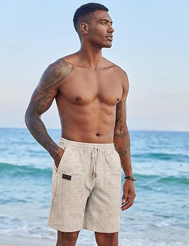COOFANDY Mens Summer Beach Shorts Linen Casual Drawstring Loose Fit Pocket