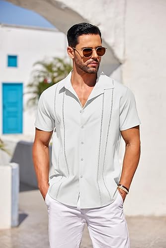 COOFANDY Mens Linen Cuban Shirt Guayabera Button Down Summer Beach Casual