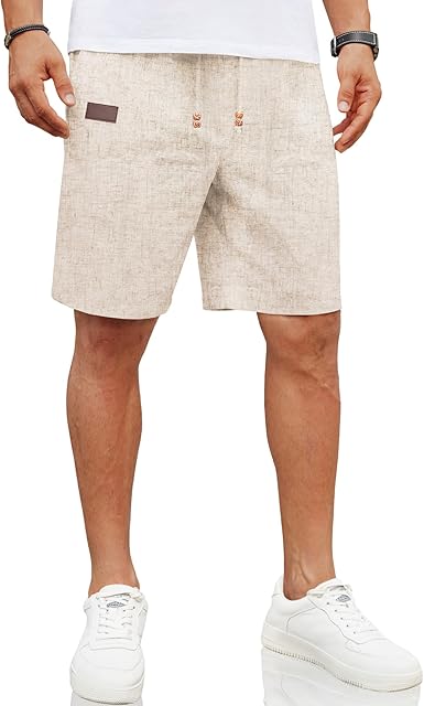 COOFANDY Mens Summer Beach Shorts Linen Casual Drawstring Loose Fit Pocket