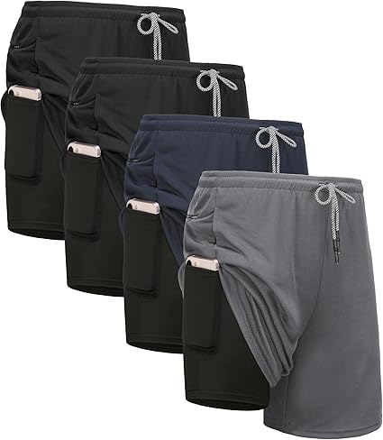 4 Pack Mens 2-in-1 Running Shorts w/ Liner Quick Dry Gym Athletic Pockets